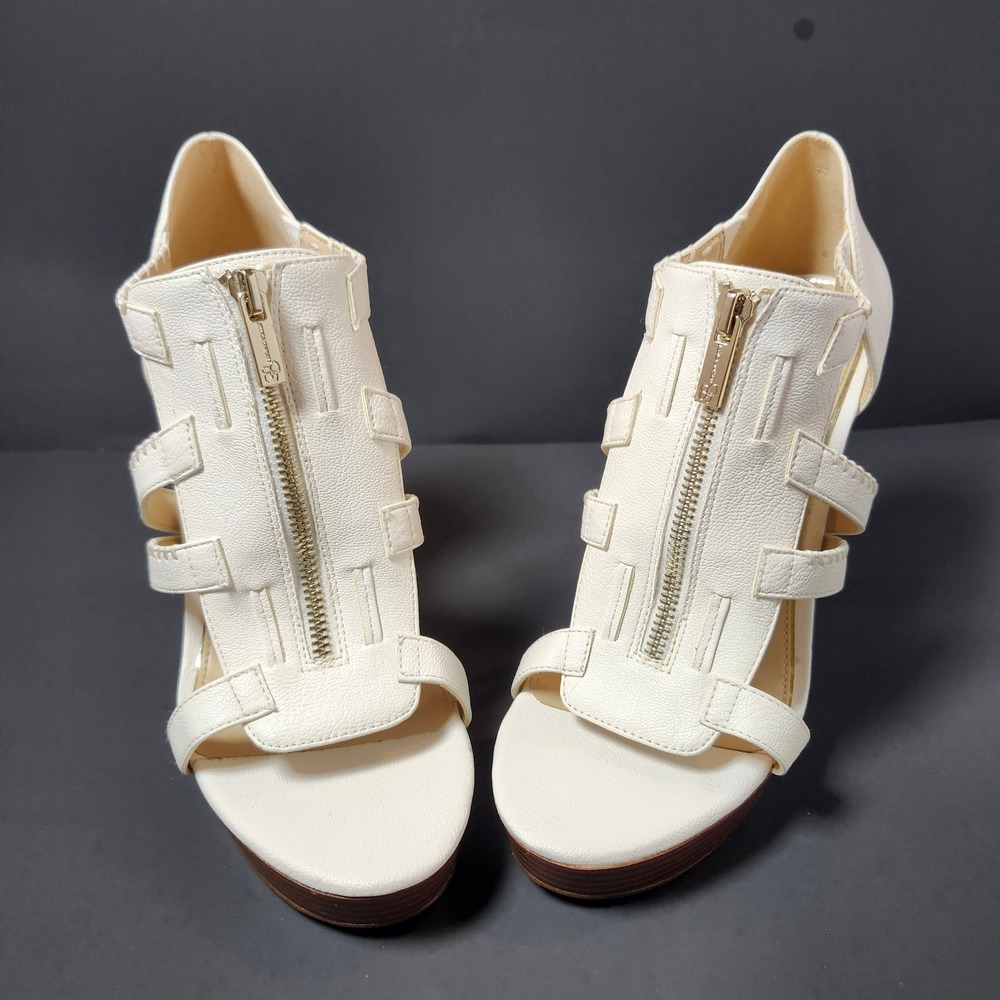 Jessica Simpson Platform Sandals Women 9.5 White Excellent Caged Wood Heel Zip